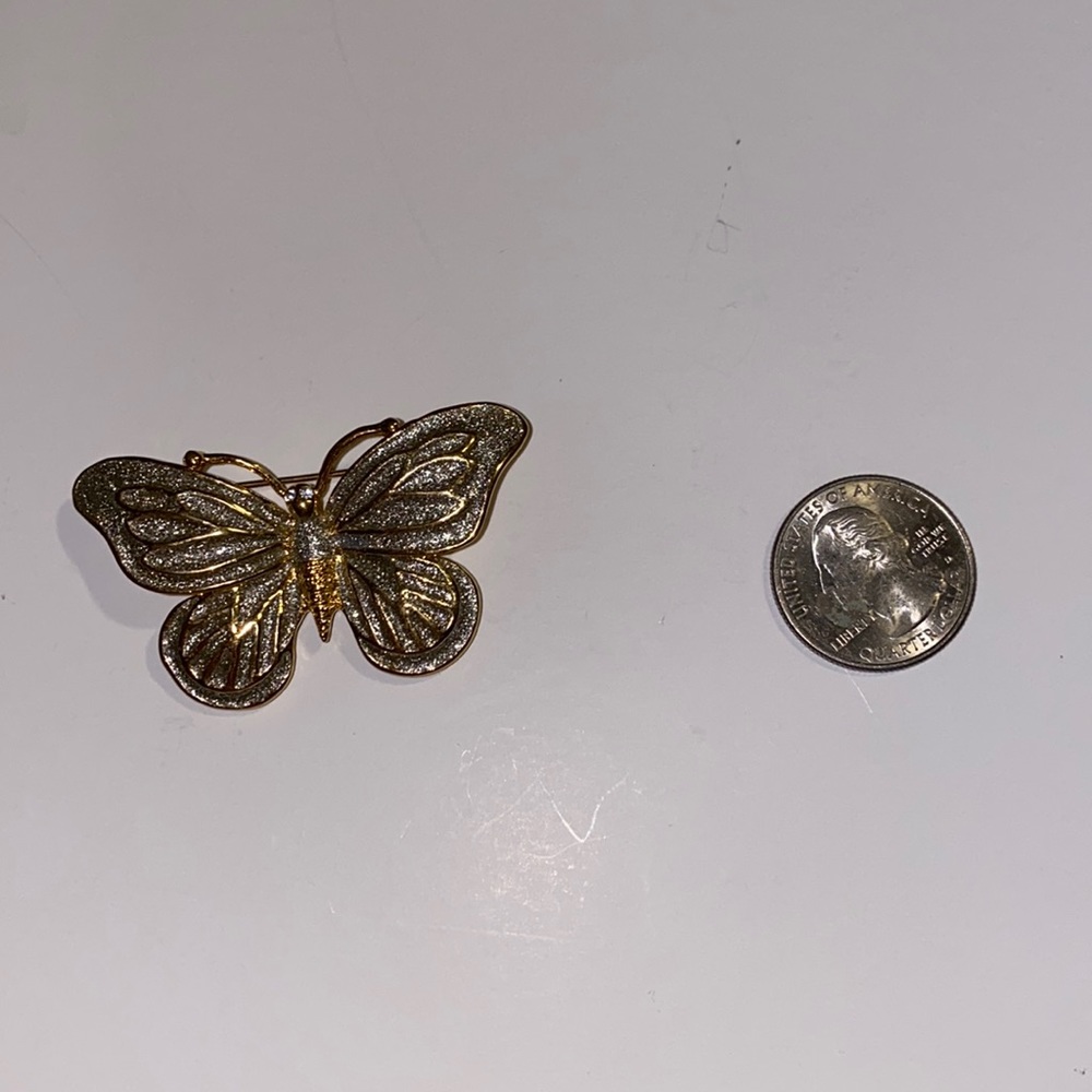 Antique Gold Tone and Crystal Butterfly Brooch Pin